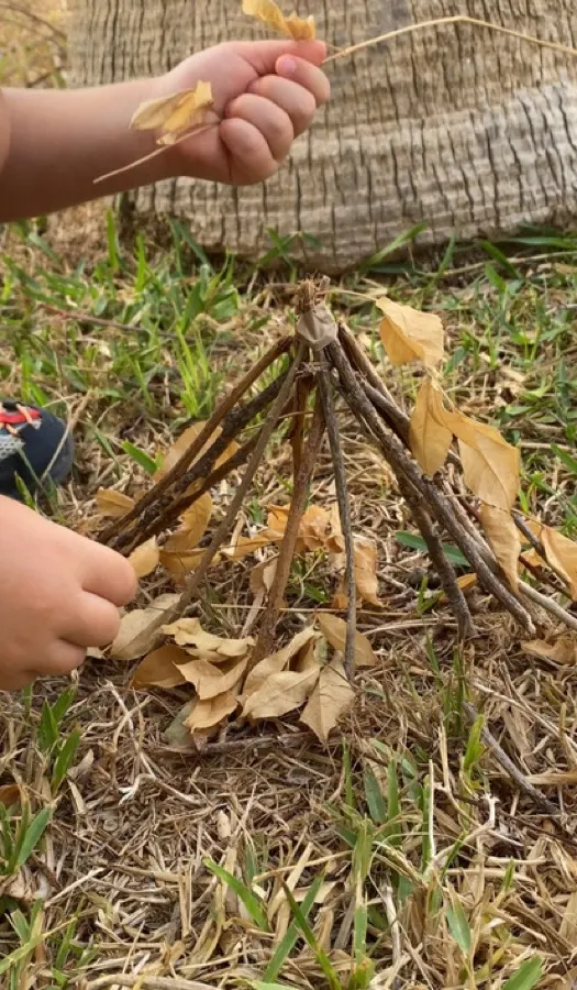 A tiny camp of sticks and leaves built for bugs