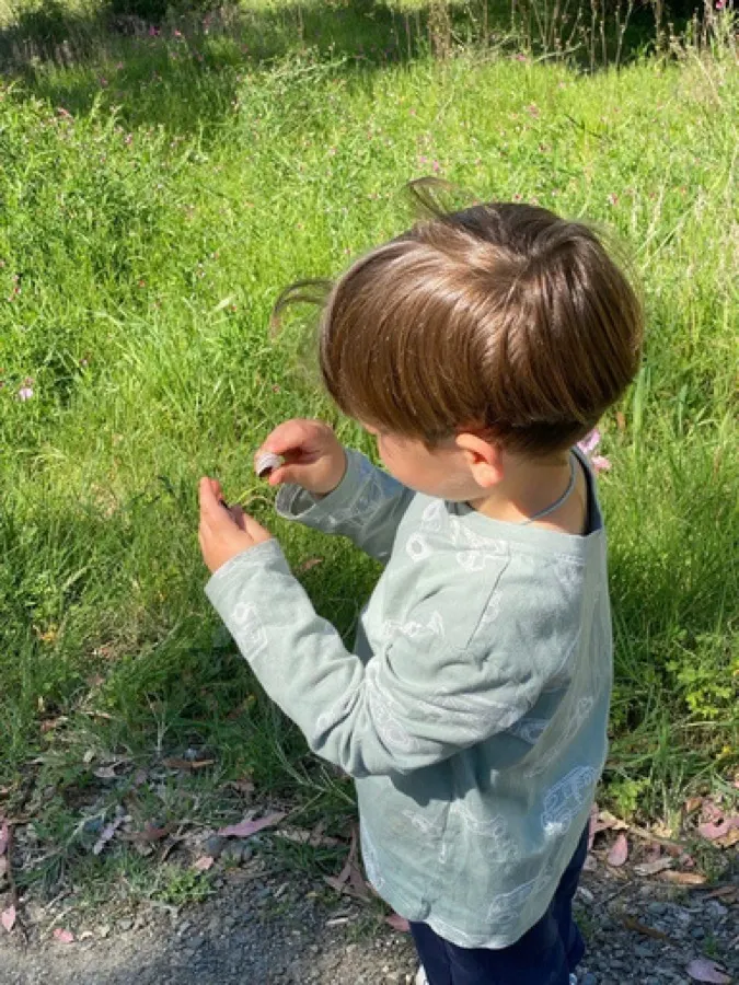 My son crouching in long grass, looking closely at something in his hand