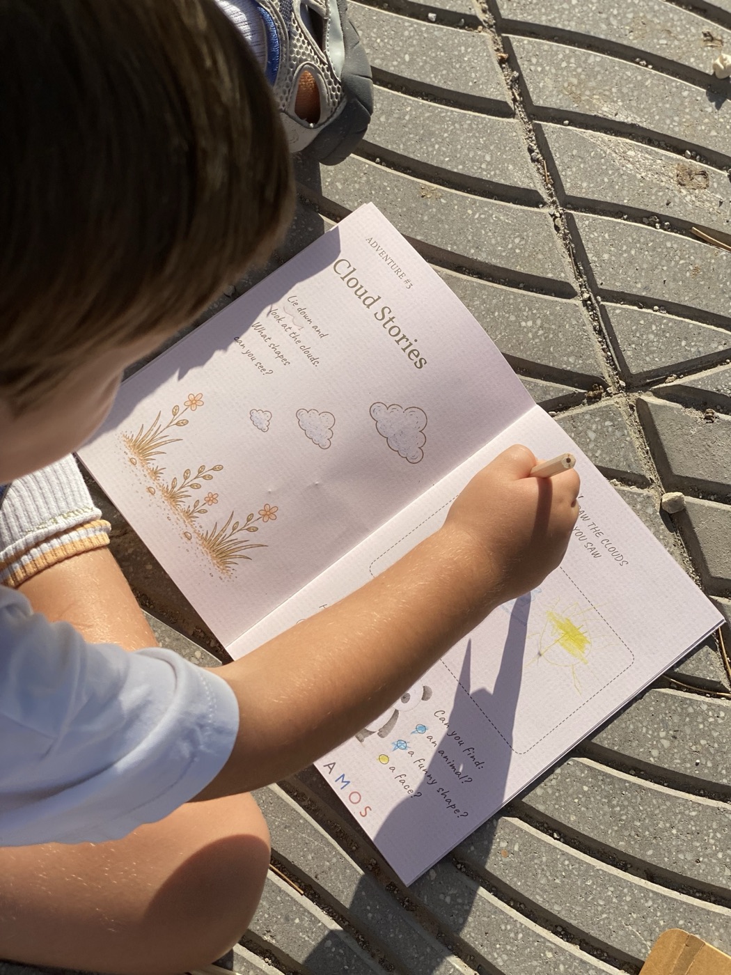 A child sitting on the grass with the Explorer Passport open